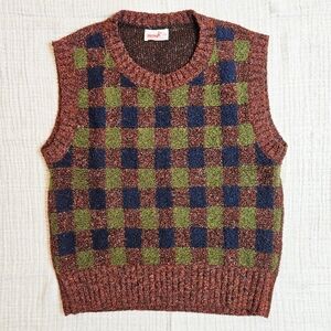 Vintage 70s Checkerboard Boucle Knit Vest Green, Blue, Orange Small